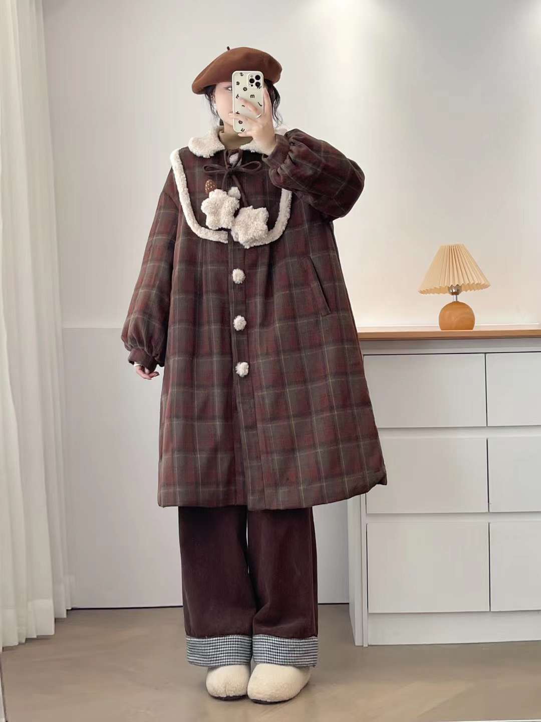 Women's Winter Plaid Teddy Fleece Patchwork Coat - Loose Fit Thick Mid-Length Warm Outerwear