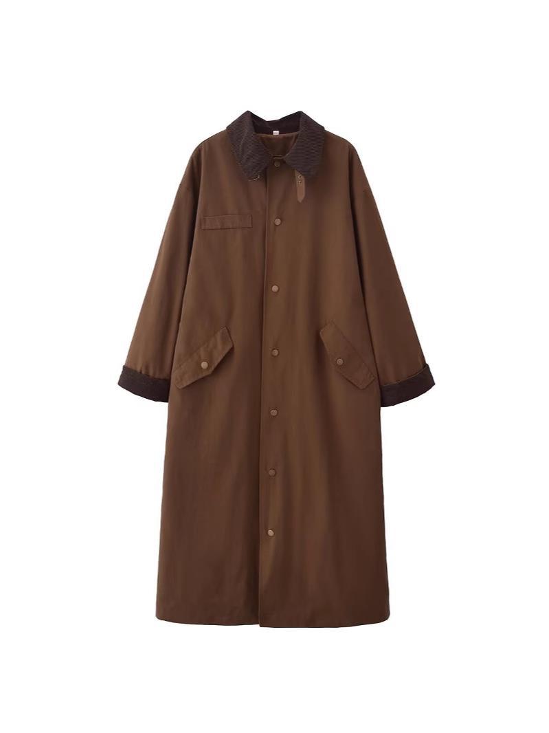 Women's Brown Long Lapel Coat - Loose Fit Straight-Cut Casual Overcoat