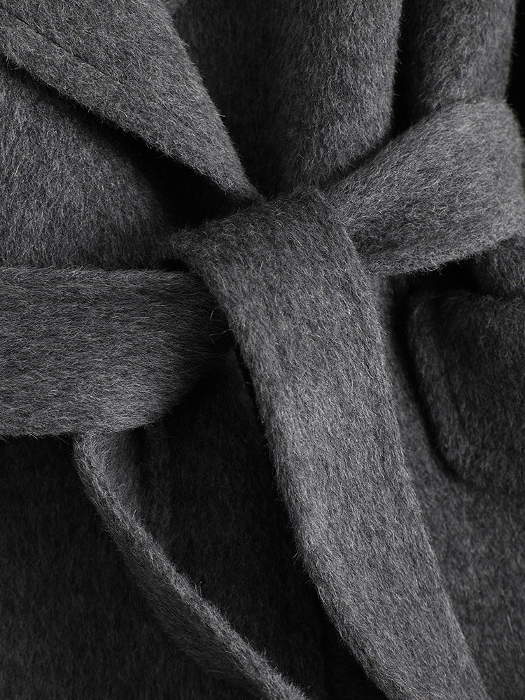 Autumn Winter Women’s Wool Blend Long Coat – Belted Waist Lapel Overcoat