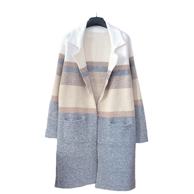Women's Long Colorblock Striped Wool Blend Cardigan Coat - Loose Fit Lapel Warm Outerwear