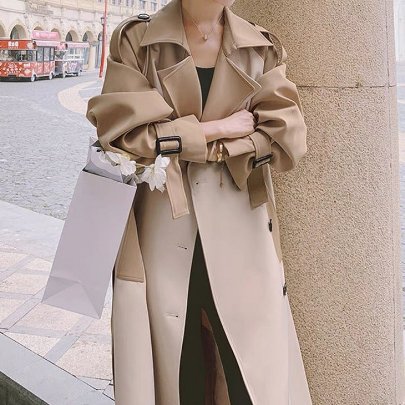 Women's Beige Patchwork Belted Trench Coat - Long Double-Breasted Loose Casual Outerwear