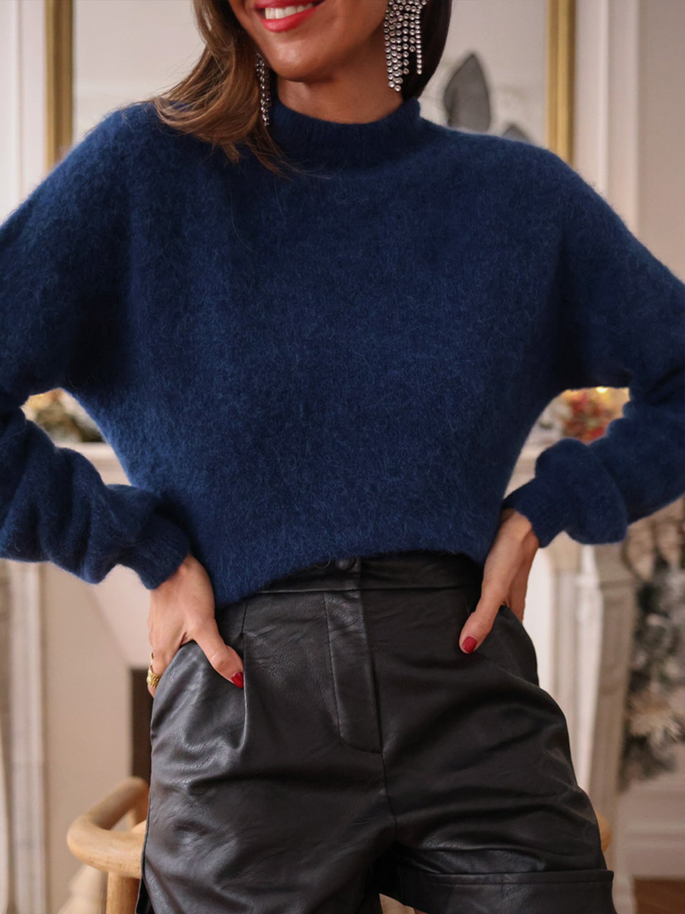 Women's Winter Blue Fluffy Knit Sweater - Loose Fit Crew Neck Long Sleeve Warm Top