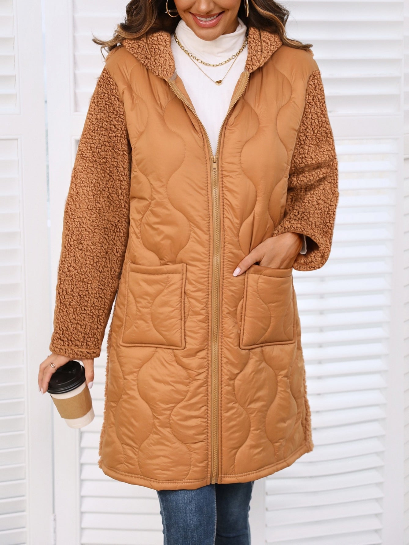 Women's Autumn Winter Brown Patchwork Hooded Coat - Mid-Length Warm Teddy Fleece & Quilted Jacket