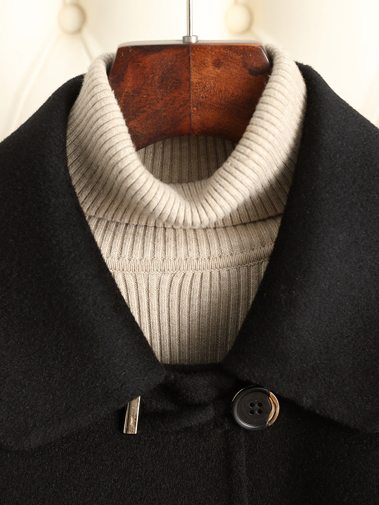 Classic Black Wool Blend Mid-Length Coat – Women’s Autumn Winter Button-Up Overcoat
