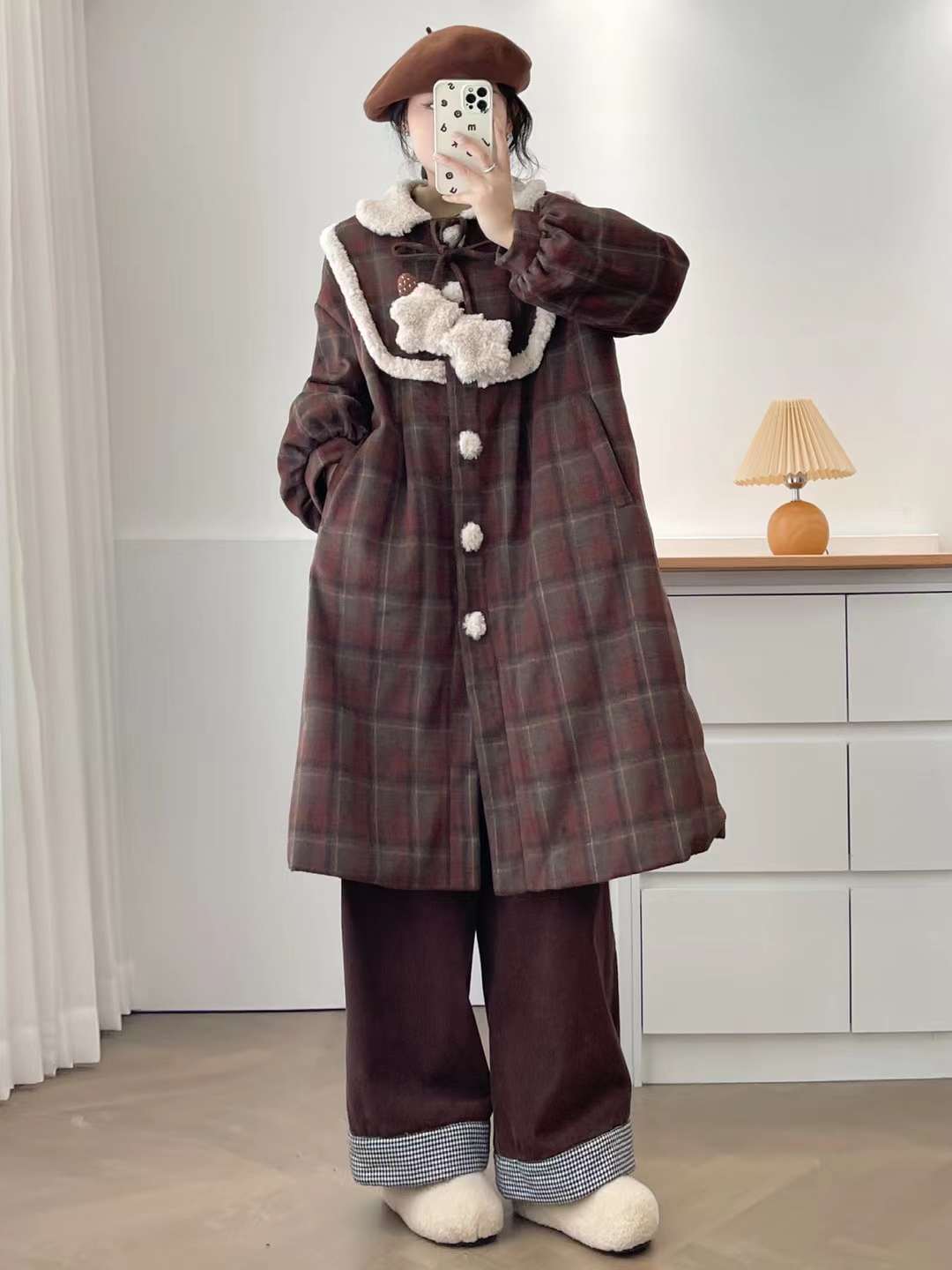 Women's Winter Plaid Teddy Fleece Patchwork Coat - Loose Fit Thick Mid-Length Warm Outerwear