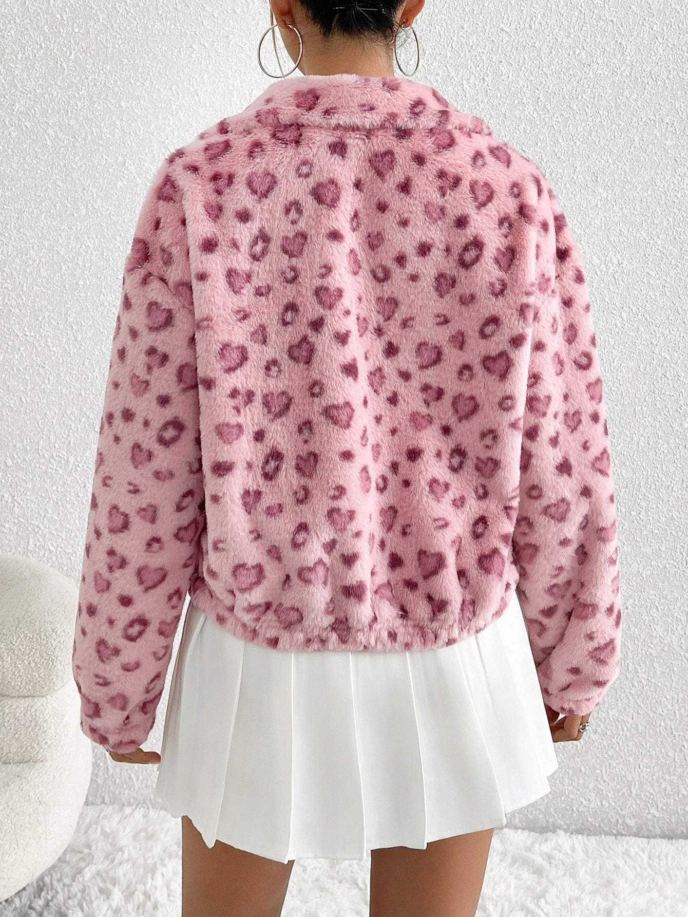 Women’s Winter Pink Leopard Faux Fur Short Jacket – Thick Warm Plush Coat – Fashion Versatile Cropped Outerwear