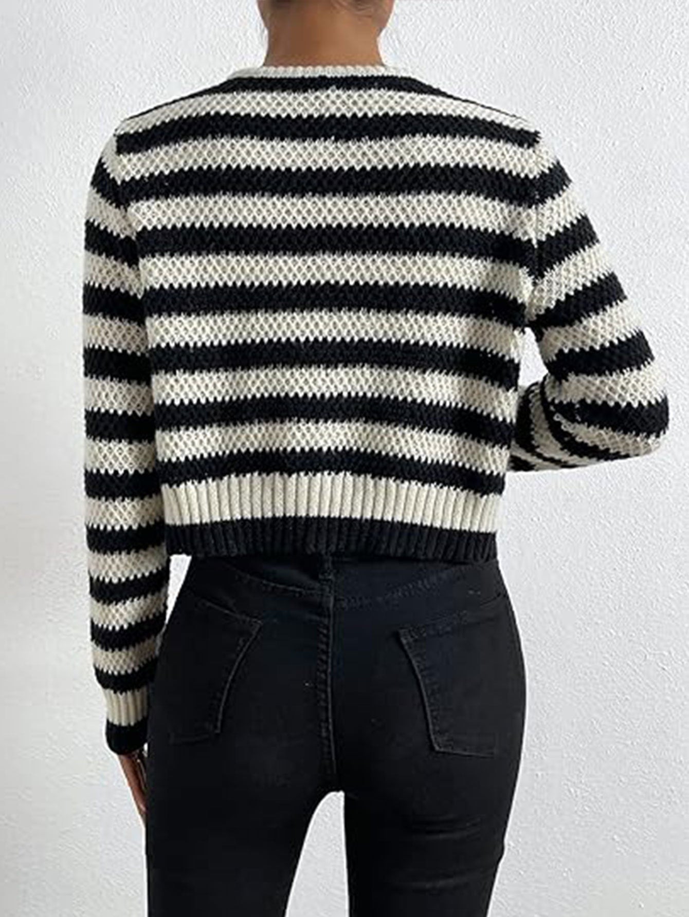 Women's Black and White Striped Knit Cropped Cardigan - Crew Neck Long Sleeve Button Front Sweater