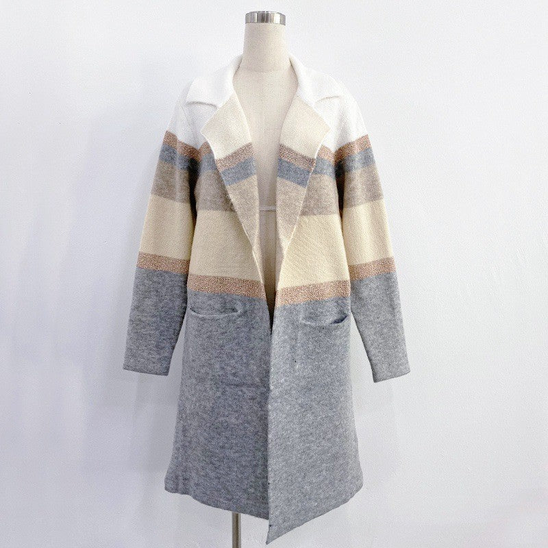 Women's Long Colorblock Striped Wool Blend Cardigan Coat - Loose Fit Lapel Warm Outerwear
