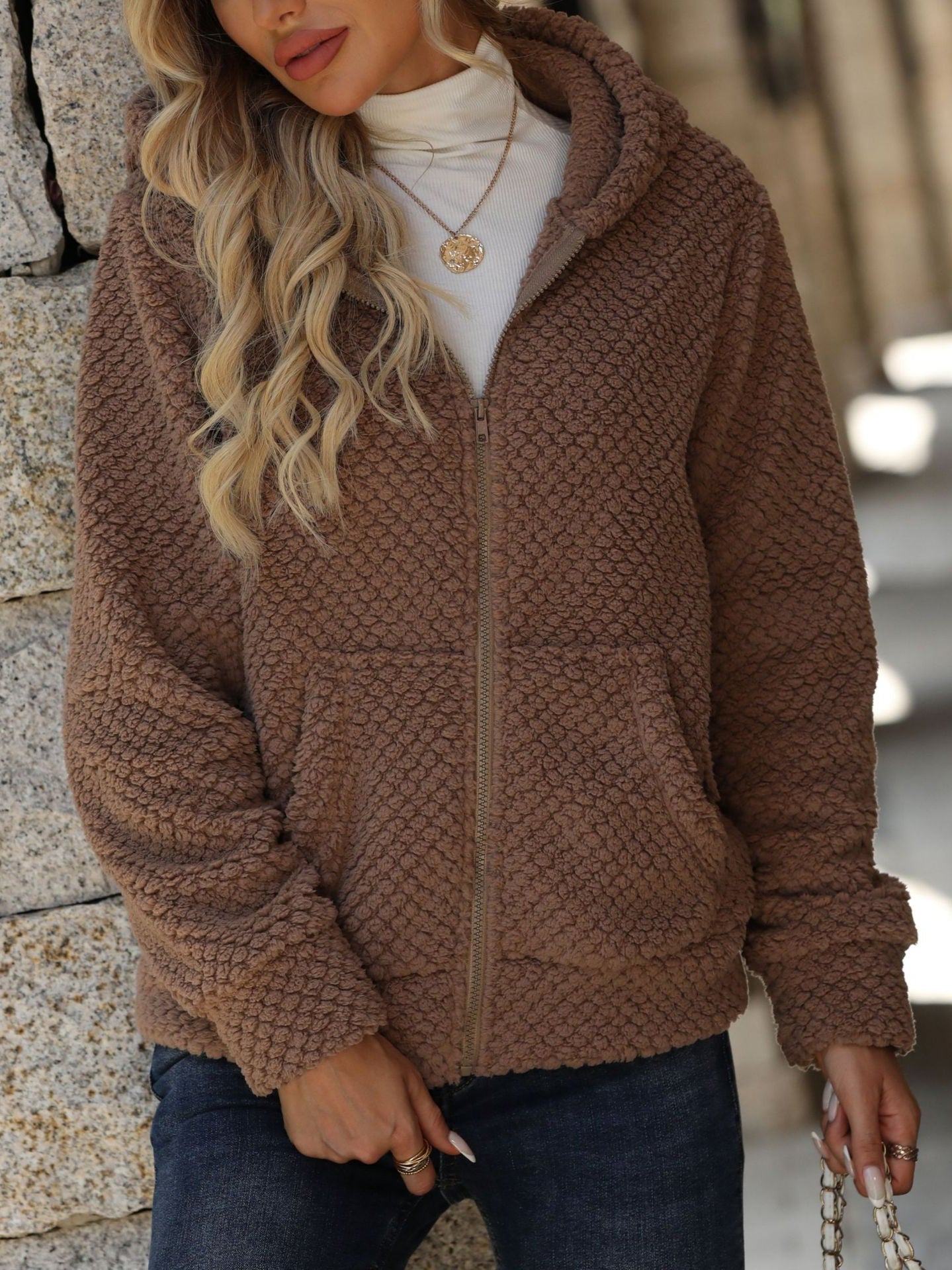 Women’s Winter Hooded Sherpa Fleece Jacket – Brown Zip-Up Warm Coat – Casual Loose Plush Hoodie