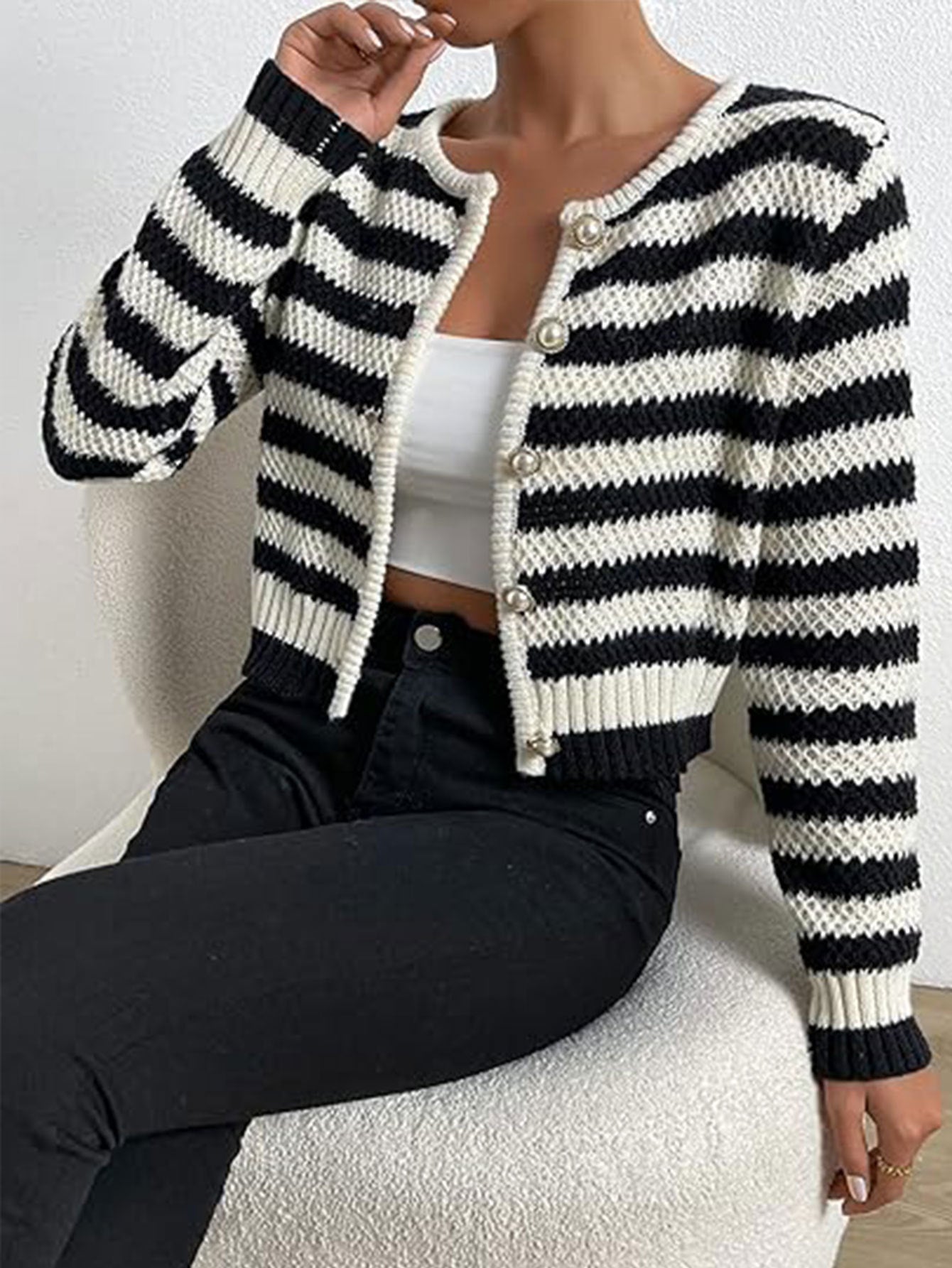 Women's Black and White Striped Knit Cropped Cardigan - Crew Neck Long Sleeve Button Front Sweater