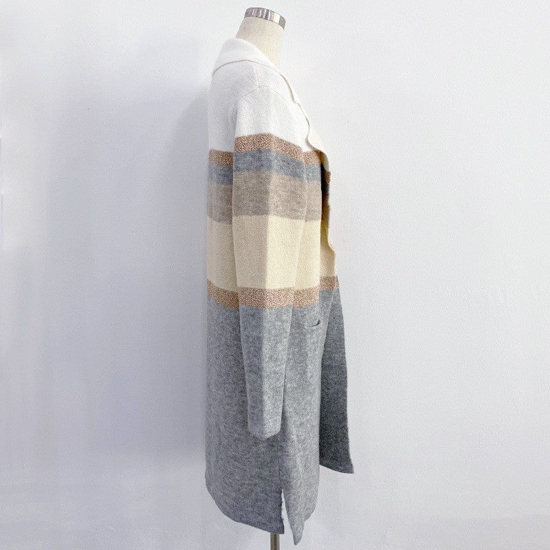 Women's Long Colorblock Striped Wool Blend Cardigan Coat - Loose Fit Lapel Warm Outerwear