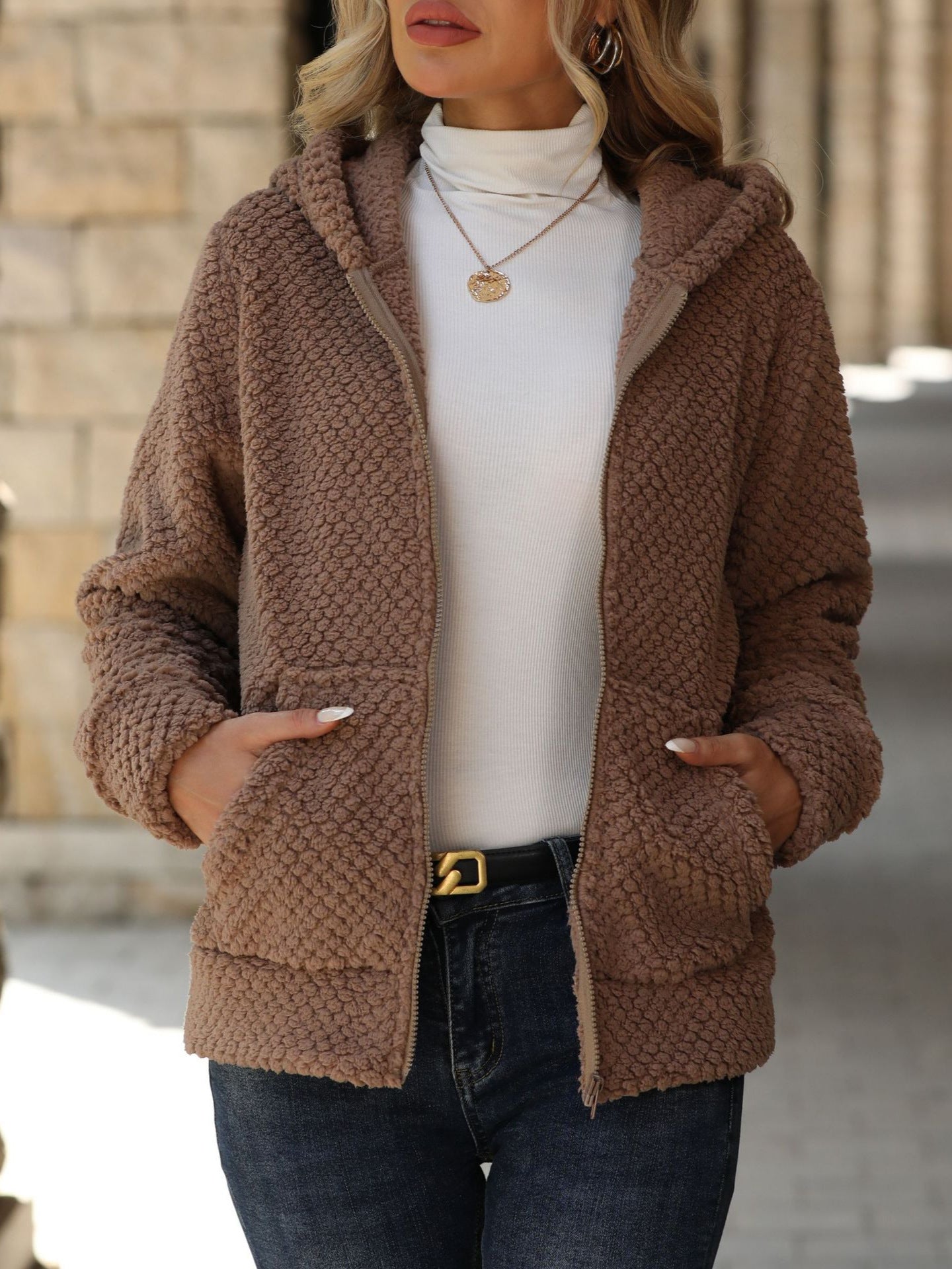 Women’s Winter Hooded Sherpa Fleece Jacket – Brown Zip-Up Warm Coat – Casual Loose Plush Hoodie