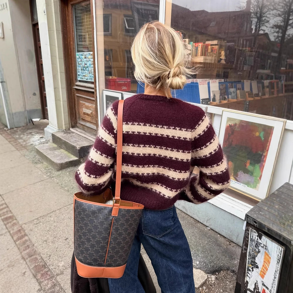 Women's Burgundy and Beige Striped Knit Cardigan - Loose Fit Crew Neck Long Sleeve Retro Sweater