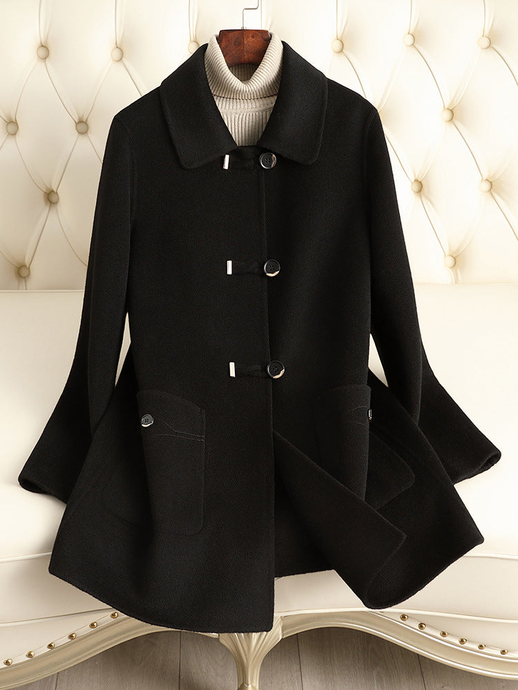 Classic Black Wool Blend Mid-Length Coat – Women’s Autumn Winter Button-Up Overcoat