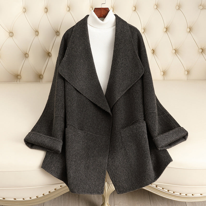 Women's Winter Wool Blend Cardigan Coat - Mid-Length Loose Lapel Outerwear