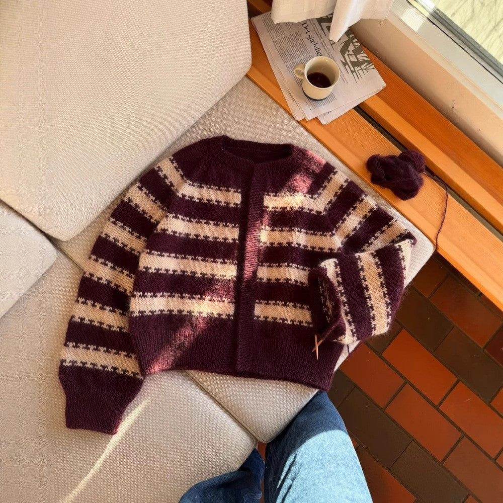 Women's Burgundy and Beige Striped Knit Cardigan - Loose Fit Crew Neck Long Sleeve Retro Sweater