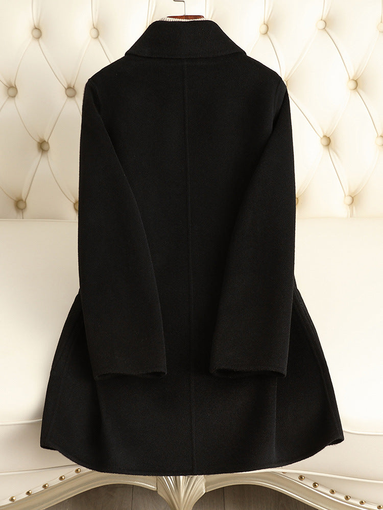 Classic Black Wool Blend Mid-Length Coat – Women’s Autumn Winter Button-Up Overcoat
