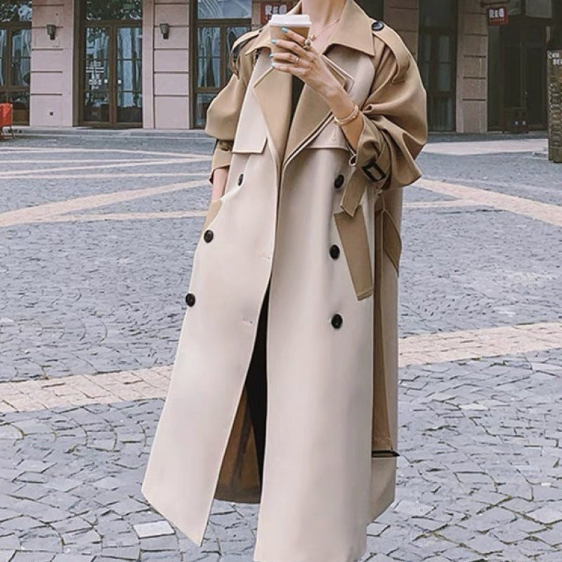 Women's Beige Patchwork Belted Trench Coat - Long Double-Breasted Loose Casual Outerwear