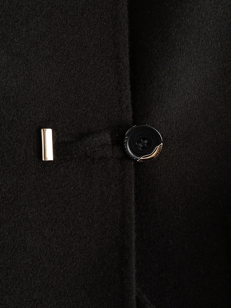Classic Black Wool Blend Mid-Length Coat – Women’s Autumn Winter Button-Up Overcoat