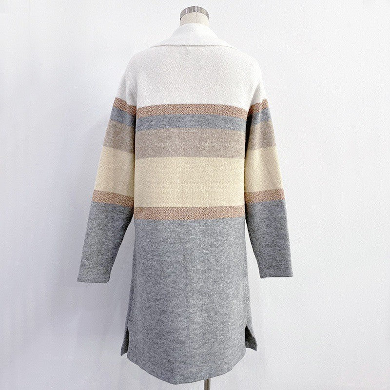 Women's Long Colorblock Striped Wool Blend Cardigan Coat - Loose Fit Lapel Warm Outerwear