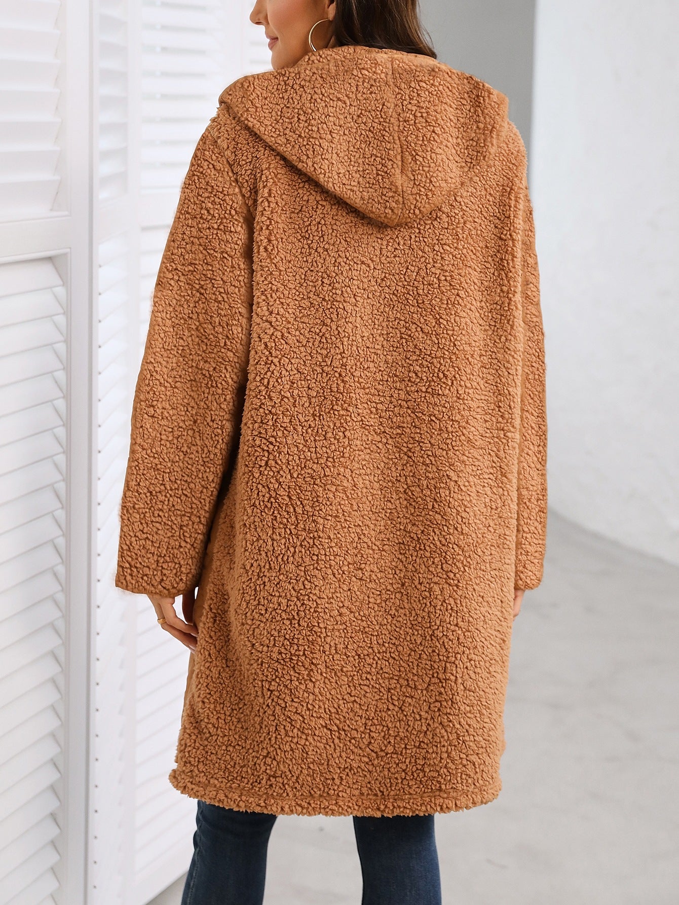 Women's Autumn Winter Brown Patchwork Hooded Coat - Mid-Length Warm Teddy Fleece & Quilted Jacket