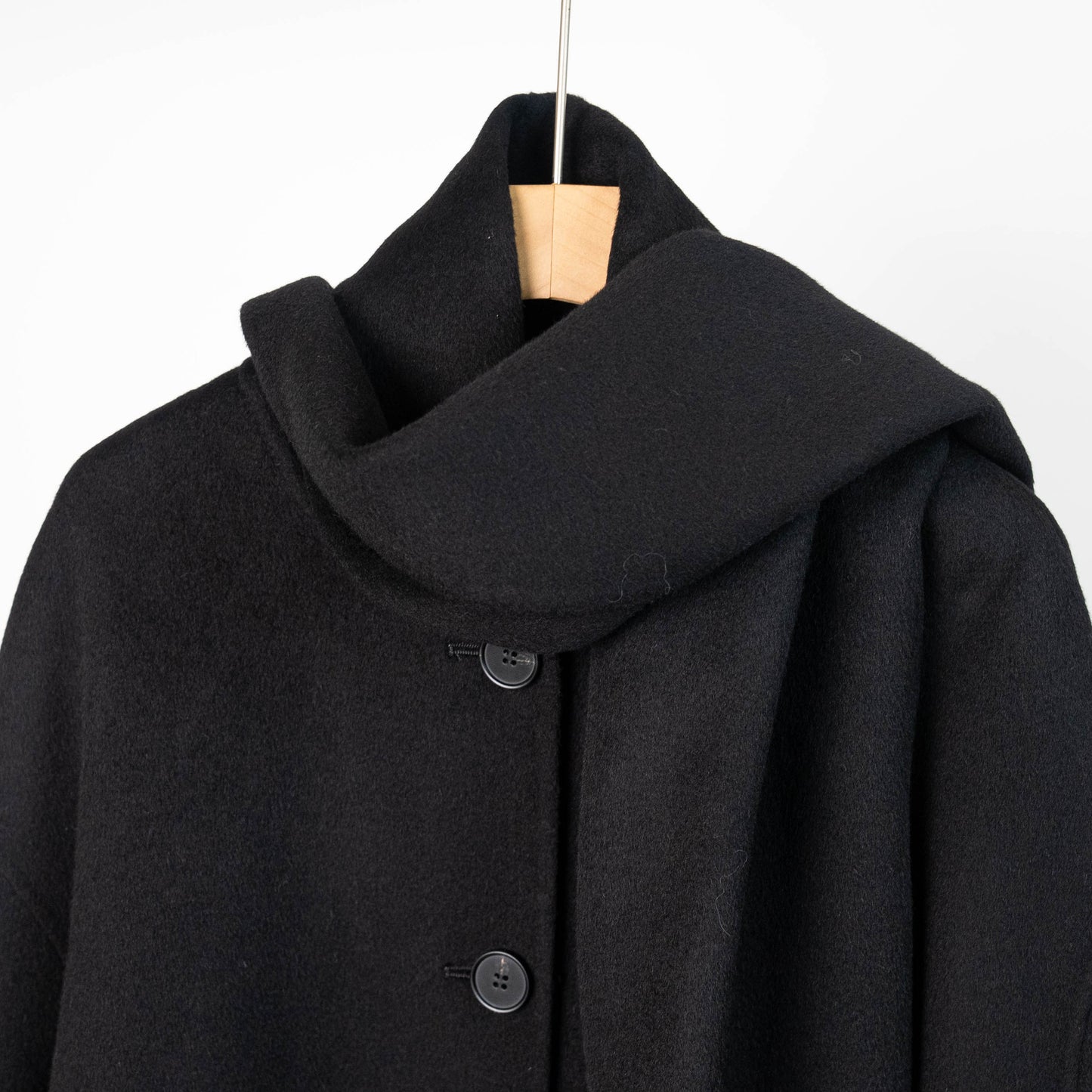 Winter Black Wool Coat with Integrated Scarf Loose Fit Button - Up Elegant Overcoat