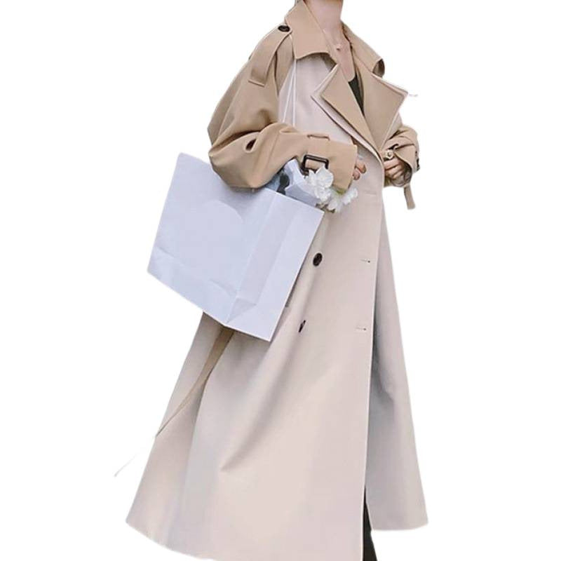 Women's Beige Patchwork Belted Trench Coat - Long Double-Breasted Loose Casual Outerwear