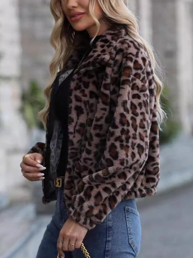 Autumn Winter Leopard Faux Fur Jacket Women’s Short Zip-Up Thick Warm Coat – Stylish & Versatile Streetwear