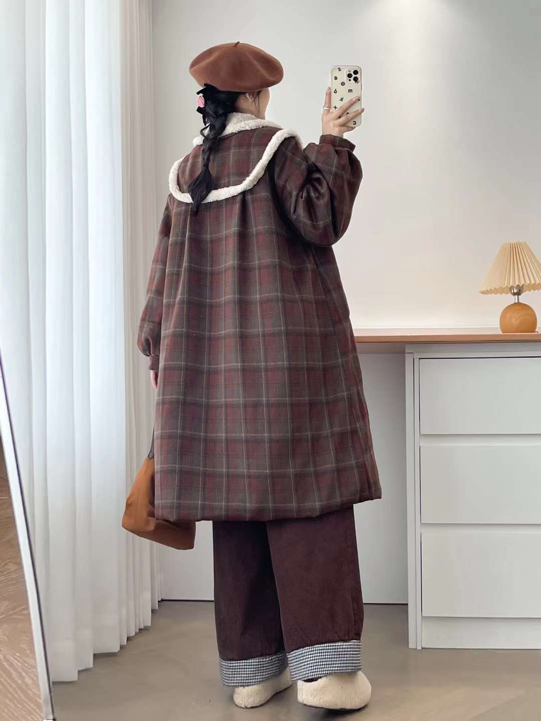 Women's Winter Plaid Teddy Fleece Patchwork Coat - Loose Fit Thick Mid-Length Warm Outerwear