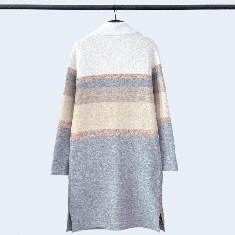 Women's Long Colorblock Striped Wool Blend Cardigan Coat - Loose Fit Lapel Warm Outerwear