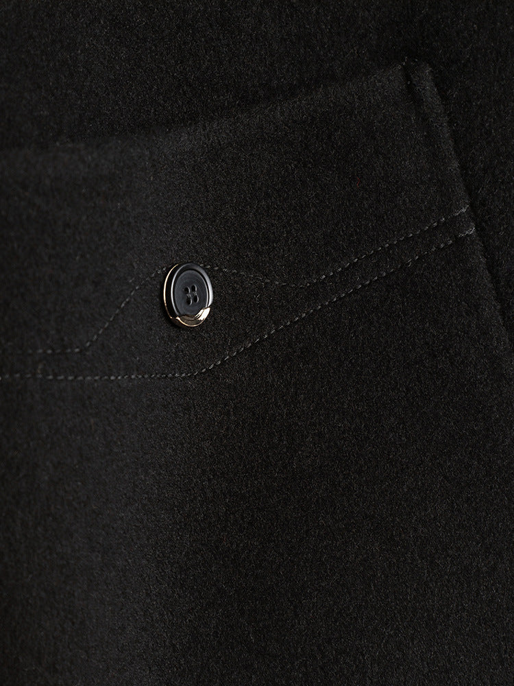 Classic Black Wool Blend Mid-Length Coat – Women’s Autumn Winter Button-Up Overcoat