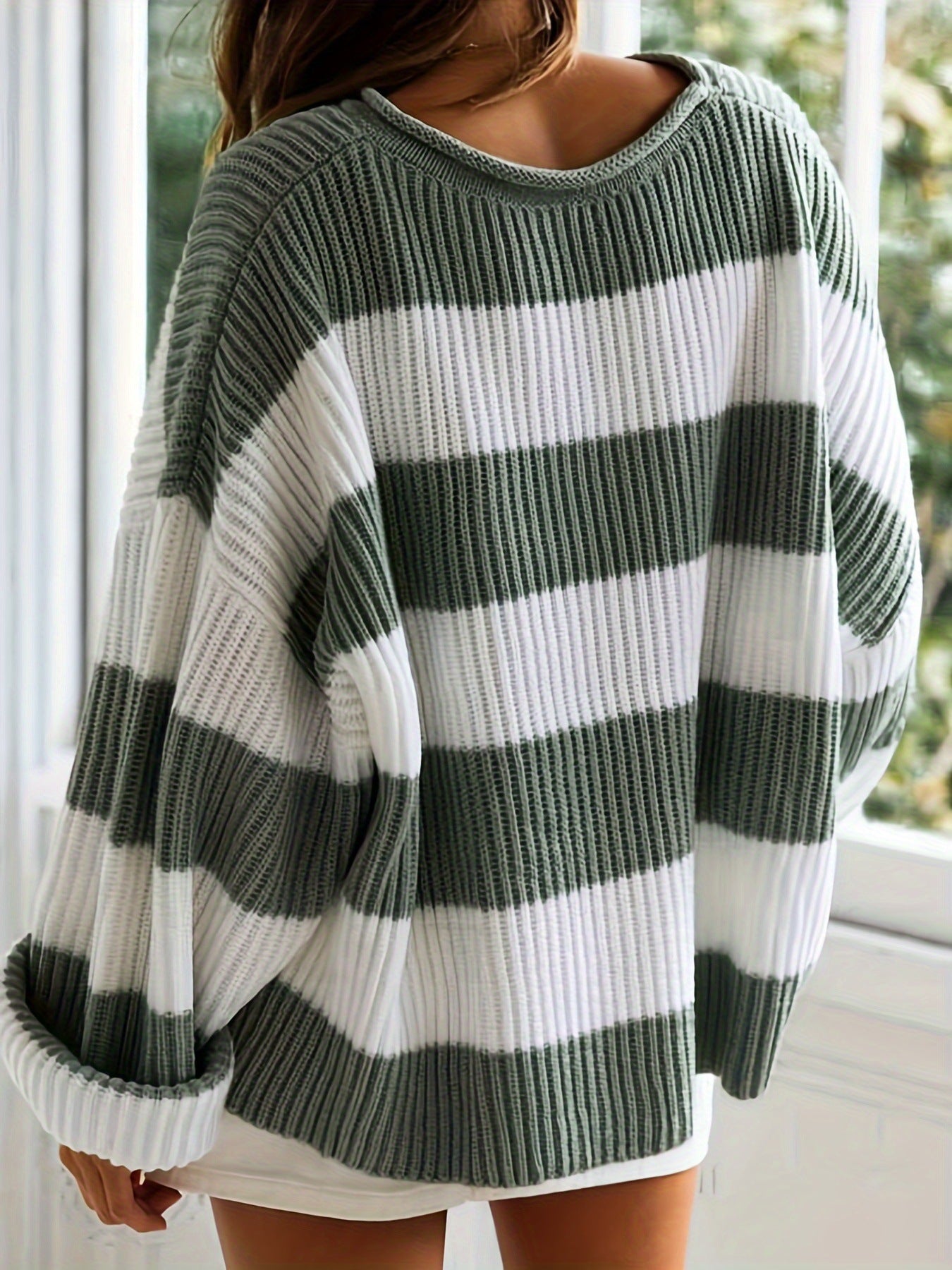 Autumn and winter loose striped knitted sweater women lazy casual contrast color sweater jacket high-end top