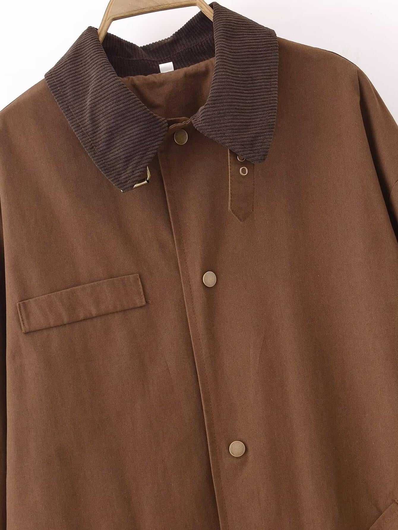 Women's Brown Long Lapel Coat - Loose Fit Straight-Cut Casual Overcoat