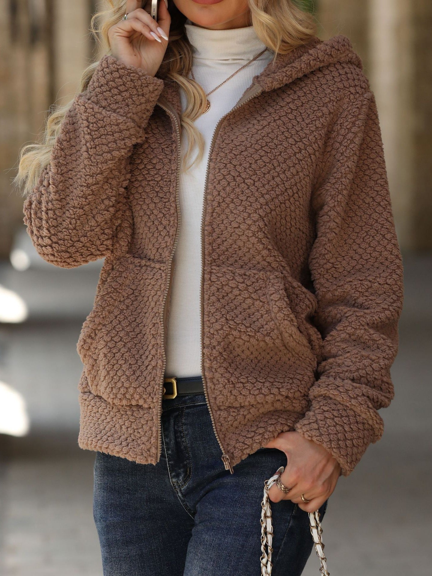 Women’s Winter Hooded Sherpa Fleece Jacket – Brown Zip-Up Warm Coat – Casual Loose Plush Hoodie