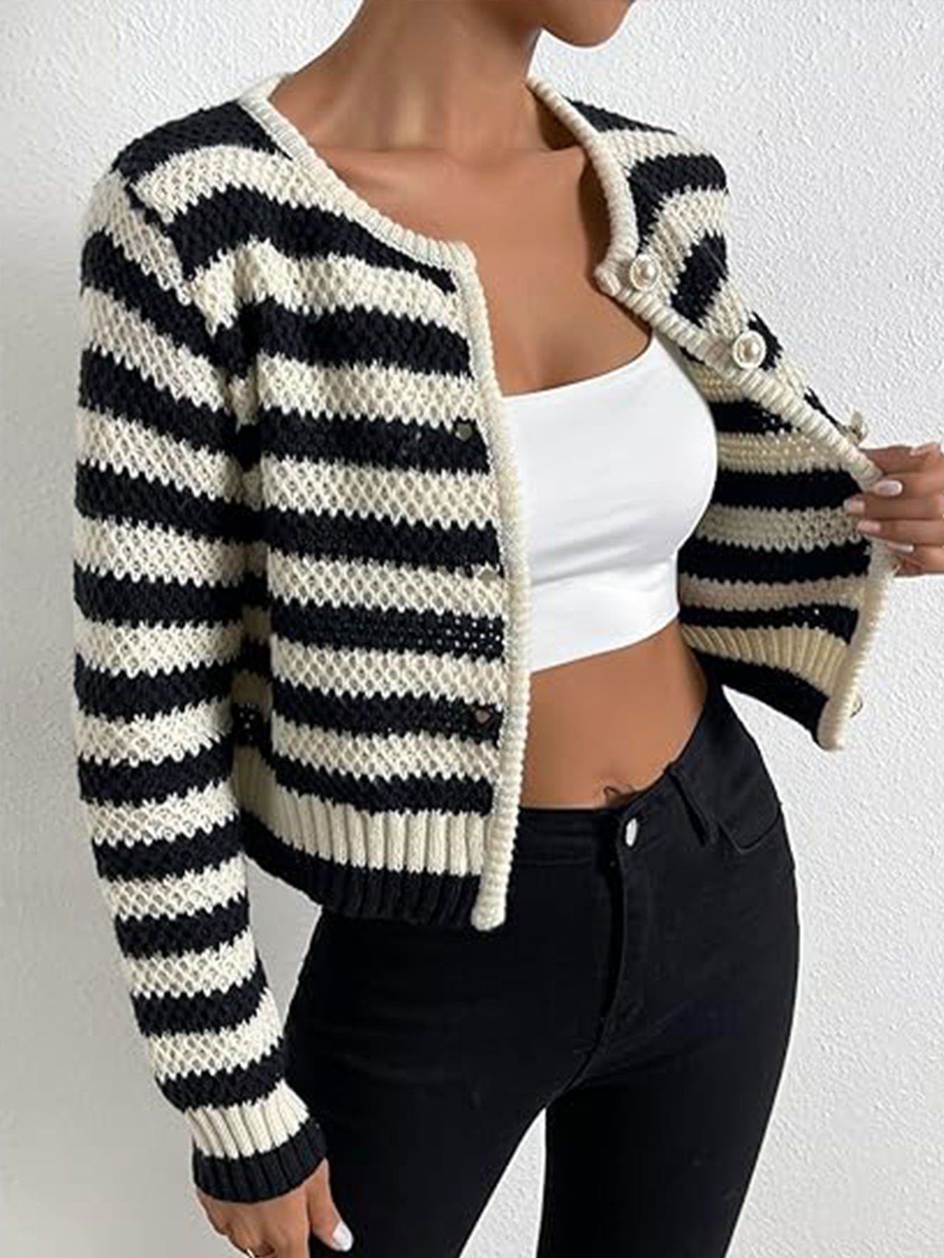 Women's Black and White Striped Knit Cropped Cardigan - Crew Neck Long Sleeve Button Front Sweater