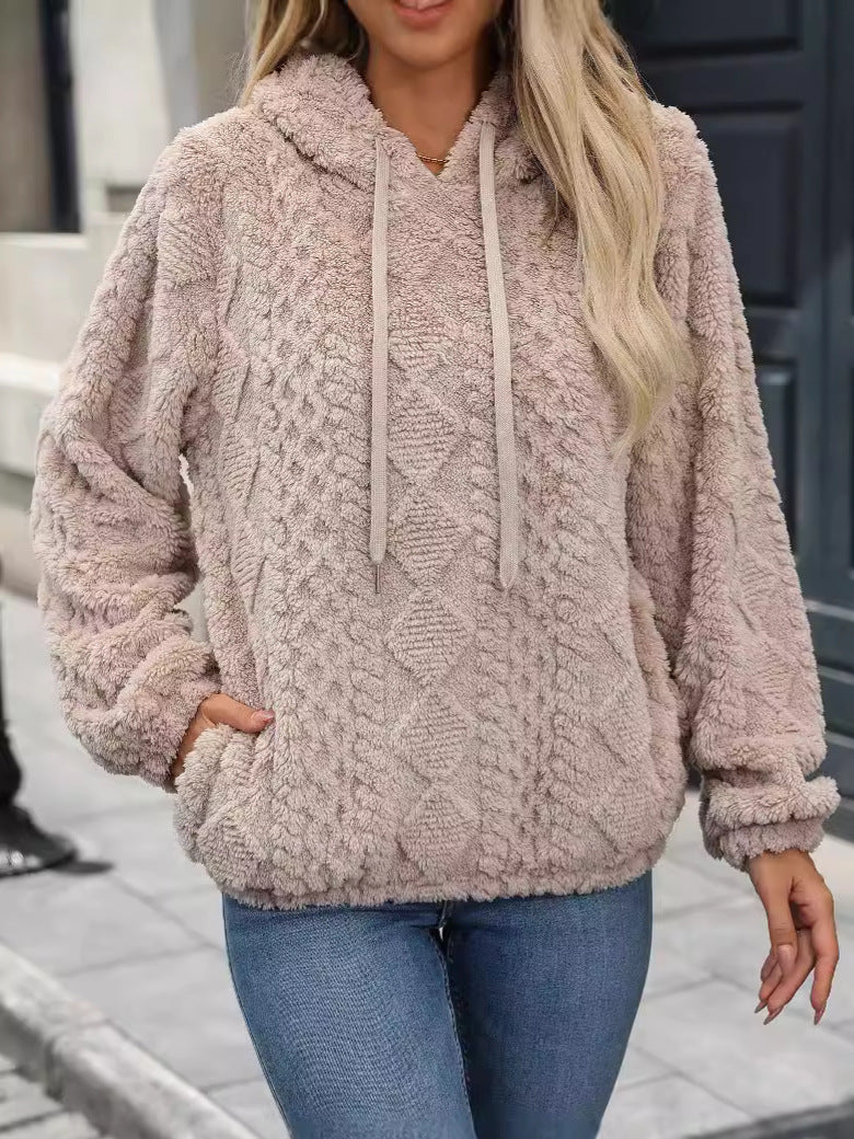 Autumn Winter Women’s Faux Fur Hoodie Pullover – Long Sleeve Drawstring Warm Fleece Sweatshirt