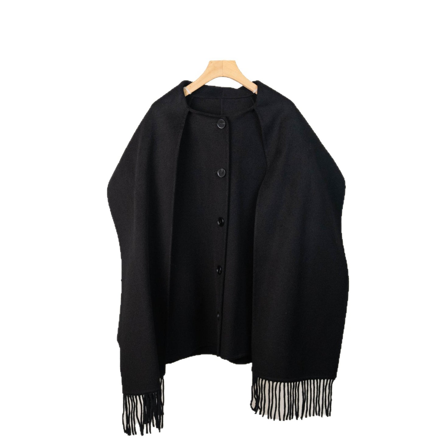 Winter Black Wool Coat with Integrated Scarf Loose Fit Button - Up Elegant Overcoat