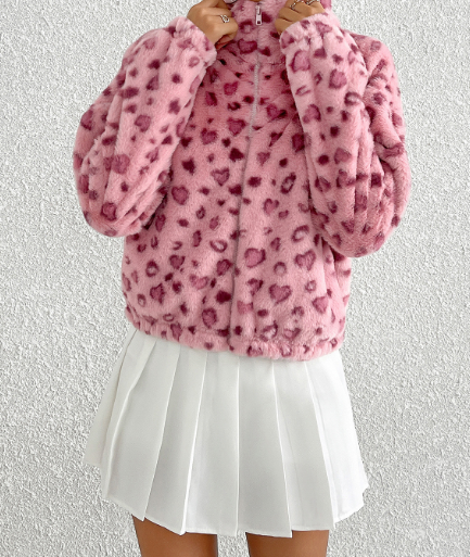 Women’s Winter Pink Leopard Faux Fur Short Jacket – Thick Warm Plush Coat – Fashion Versatile Cropped Outerwear