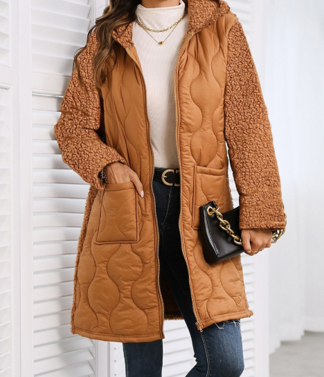 Women's Autumn Winter Brown Patchwork Hooded Coat - Mid-Length Warm Teddy Fleece & Quilted Jacket