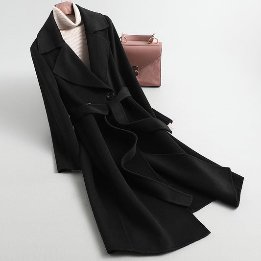 Autumn Winter Women’s Wool Blend Long Coat – Belted Waist Single-Breasted Lapel Overcoat