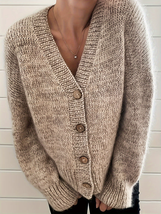 Autumn Winter Women’s Beige Knit Cardigan – V-Neck Long Sleeve Loose Sweater Coat