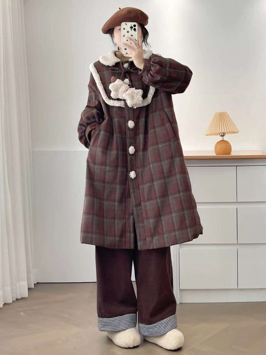 Women's Winter Plaid Teddy Fleece Patchwork Coat - Loose Fit Thick Mid-Length Warm Outerwear