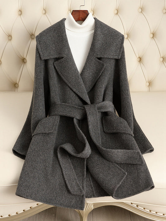 Autumn Winter Women’s Wool Blend Long Coat – Belted Waist Lapel Overcoat