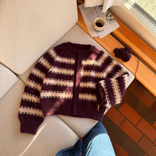 Women's Burgundy and Beige Striped Knit Cardigan - Loose Fit Crew Neck Long Sleeve Retro Sweater