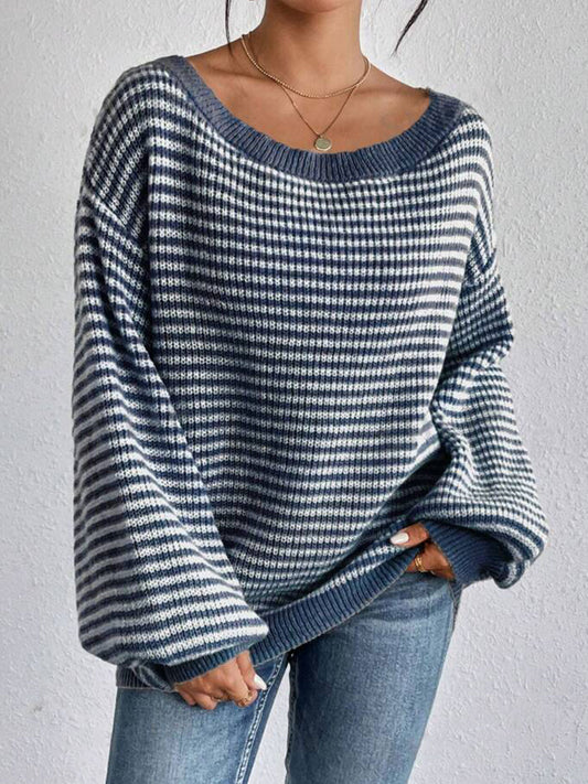 Blue & White Striped Off-Shoulder Knit Sweater – Women’s Autumn Winter Casual Loose Pullover
