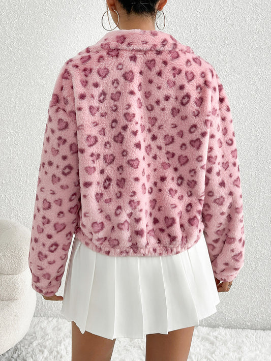 Women’s Winter Pink Leopard Faux Fur Short Jacket – Thick Warm Plush Coat – Fashion Versatile Cropped Outerwear
