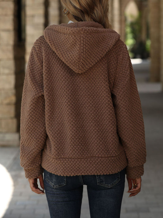 Women’s Winter Hooded Sherpa Fleece Jacket – Brown Zip-Up Warm Coat – Casual Loose Plush Hoodie