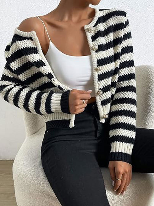 Women's Black and White Striped Knit Cropped Cardigan - Crew Neck Long Sleeve Button Front Sweater