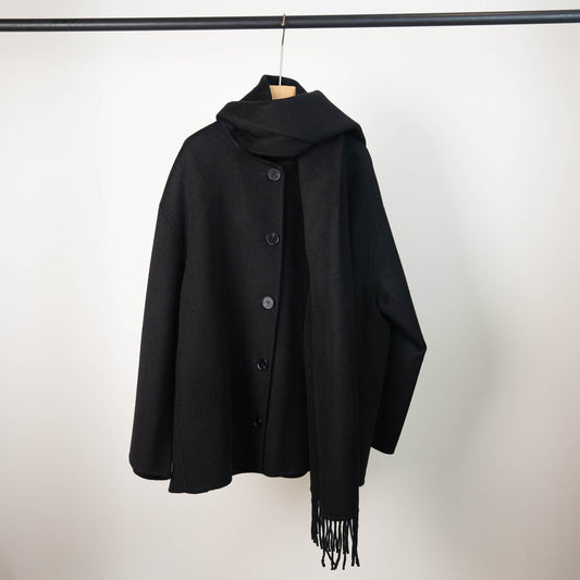 Winter Black Wool Coat with Integrated Scarf Loose Fit Button - Up Elegant Overcoat