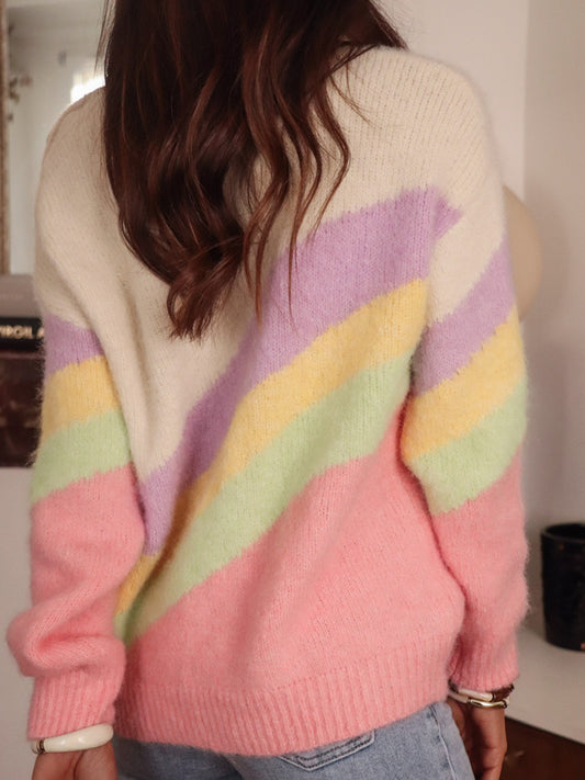 Women's Rainbow Off-the-shoulder Button-decorated Soft Knitted Sweater